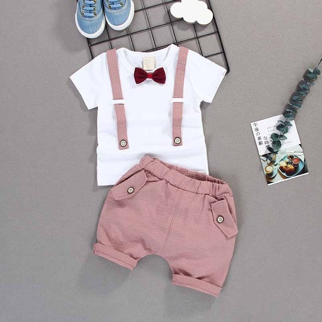 Summer Kids Boys Bow Clothes Sets Baby Gentleman High Qulity Short T shirt + Pants Toddler Boy Clothing Casual Kids Outfits Baby