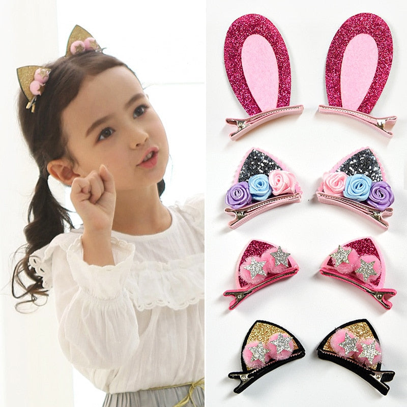 2pcs/Set Cute Hair Clips For Girls Glitter Rainbow Felt Fabric Flowers Hairpins Cat Ears Bunny Barrettes Kids Hair Accessories