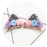 2pcs/Set Cute Hair Clips For Girls Glitter Rainbow Felt Fabric Flowers Hairpins Cat Ears Bunny Barrettes Kids Hair Accessories