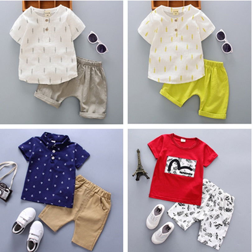 Kids Clothes Summer Cotton Linen Boys Sets T Shirt + Shorts Toddler Boys Girls Children Clothing Baby Boy Infant Toddler 0-4Y